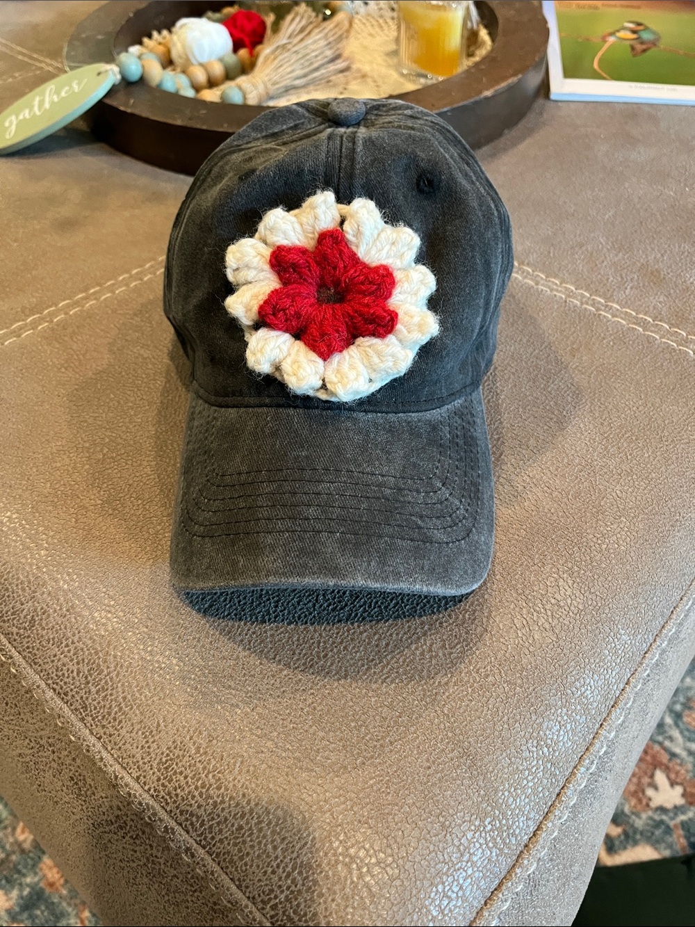 Washed Black Baseball Cap with Red & Cream Crochet Flower-New